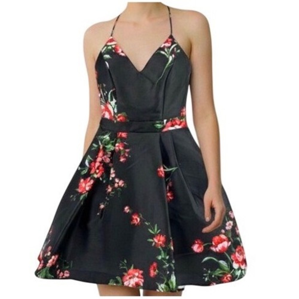 B. Smart Floral Lace Back Fit and Flare Dress Black Red Size 5 Flowercore Prom